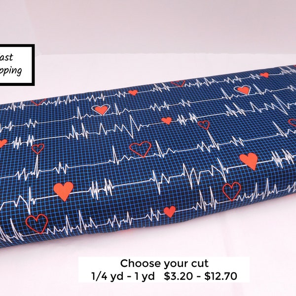 1108 Calling All Nurses cotton fabric by the yard, fat quarters, assorted pieces; ekg fabric; gifts for nurses, doctors, medical personnel