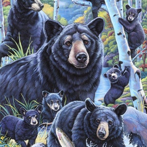May include: A painting of a family of black bears in a forest setting. The mother bear is in the center of the image, with her cubs surrounding her. The cubs are playing in the water, while the mother bear watches over them. The forest is lush and green, with tall trees and a stream running through it.