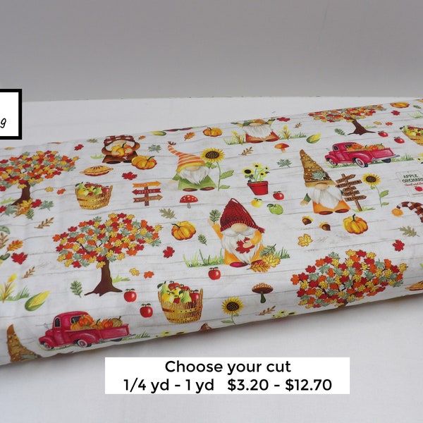 1600  Autumn gnomes cotton fabric by the yard from Timeless Treasures, Pumpkin patch and apple picking on cream; Gnome lovers gifts.