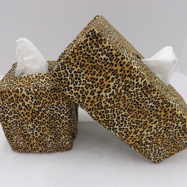 1207 Leopard Print tissue box cover, square, rectangular jungle animal print fabric tissue box holder, earth tone colors for home office car