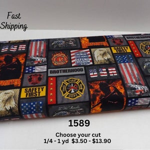 1589 Firefighter fabric by the yard. NEW from Sykel #1339FF. Yardage, small fabric cuts. Firefighter block of pictures, slogans.