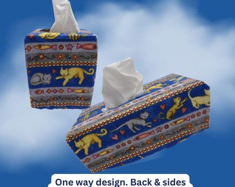 1401 Fabric Tissue Box Covers with Cats, Hearts, Fish.  Border Stripe Print for Cat Lovers.