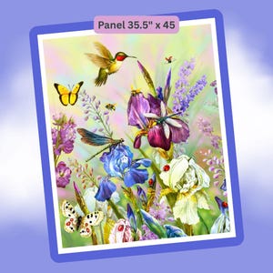 May include: A rectangular fabric panel measuring 35.5 inches by 45 inches featuring a vibrant garden scene with purple and white irises, a hummingbird, a dragonfly, several butterflies, bees, and ladybugs against a soft pastel background.