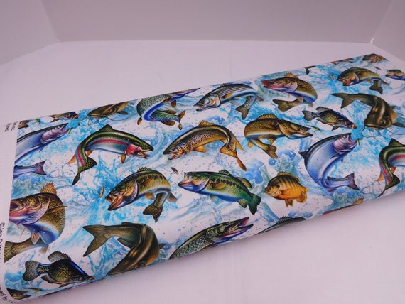 1009 Fresh Water Fish Fabric by the Yard Fat Quarter to Many Yards Fish  Including Perch, Catfish, Bass, Trout for Fishing Decor, Gifts. 