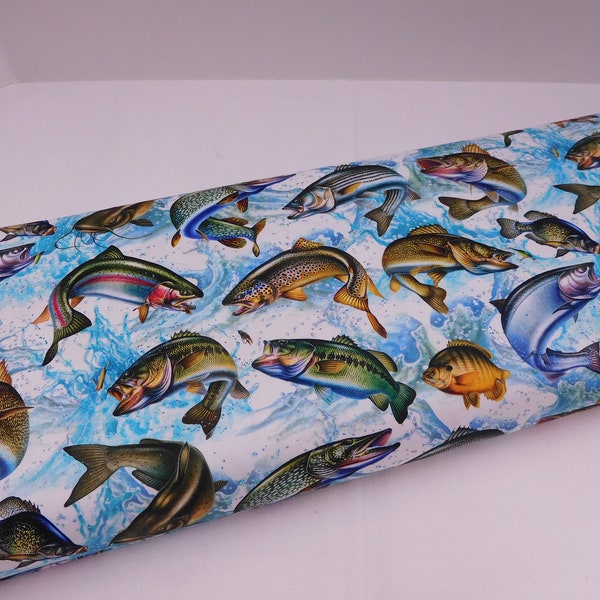 1009 Fresh Water Fish Fabric By the Yard; Fat Quarter to many yards; Fish including perch, catfish, bass, trout for fishing decor, gifts.