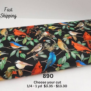 890 Vibrant Birds and Hollies 100% Cotton Fabric: Red Cardinal, Bluebirds, Goldfinch, Chickadee, Rose-breasted Grosbeak, More. Digital Print