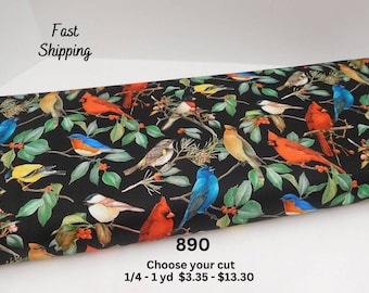 890 Vibrant Birds and Hollies 100% Cotton Fabric: Red Cardinal, Bluebirds, Goldfinch, Chickadee, Rose-breasted Grosbeak, More. Digital Print