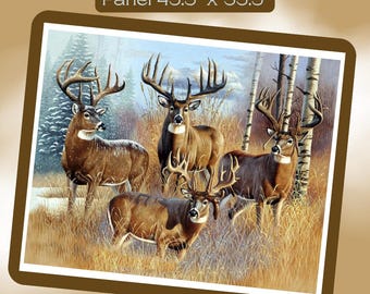 May include: A rectangular fabric panel measuring 110.5 cm by 85.1 cm featuring a printed illustration of four brown deer with large antlers standing in a field of tall golden grass with birch trees and snowy pine trees.