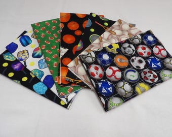 FQ-5-3 NEW Seven Piece Sports Theme Fat Quarter Bundle w/ generic Soccer, Baseball, Football, Pickleball, Basketball and Tennis prints