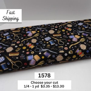 1578 Sewing Themed 100% Cotton Fabric by the Yard from Elizabeth&#39;s Studio features many notions and tools for the Sewist.  Seamstress Gifts.