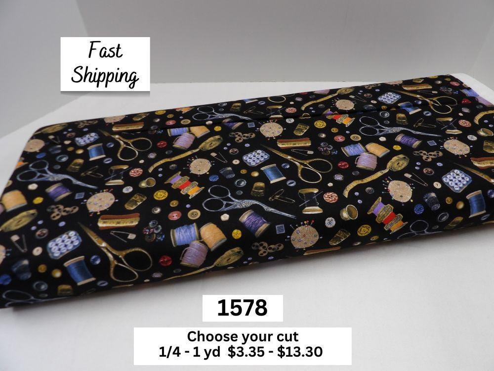 1578 Sewing Themed 100% Cotton Fabric by the Yard from Elizabeth's Studio features many notions and tools for the Sewist.  Seamstress Gifts.