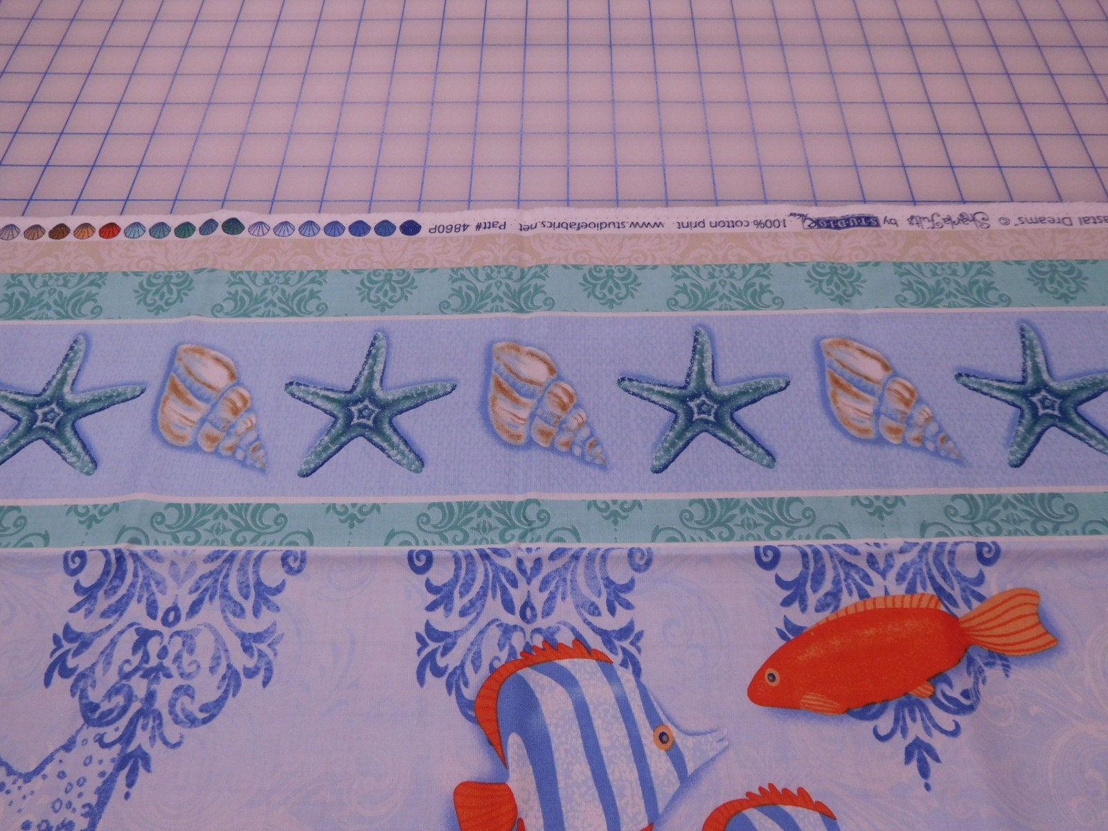1069 Beach Fabric Panel With Sea Life Scenes Aqua Borders. Etsy New