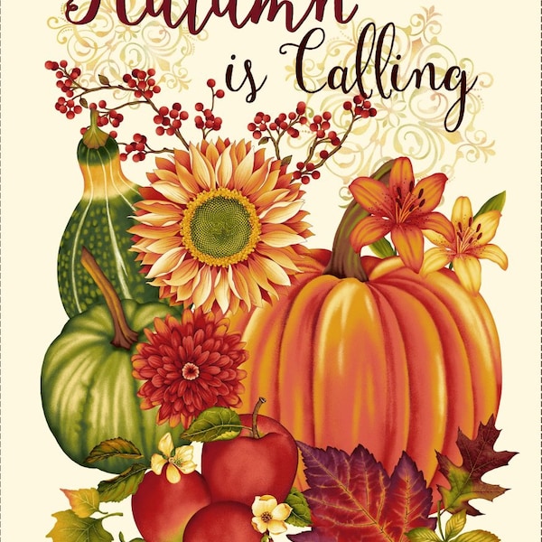 1155 Autumn Is Calling Panel; Thanksgiving panel, 24"W x 44"L w/ gourds, sunflowers, pumpkin, apples, fall leaves; wall hanging, lap quilt