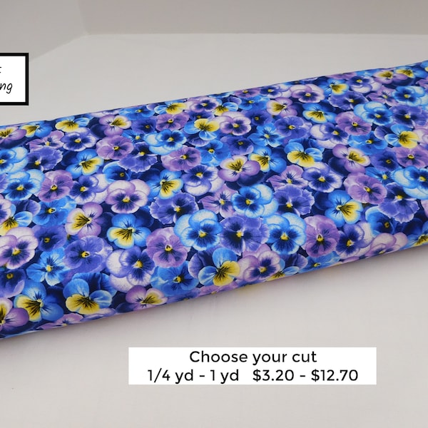 986 Pansy Fabric by the yard with purple, blue, yellow blossoms; fat quarters, pansy lover gifts and pansy home decor, pillows, violas