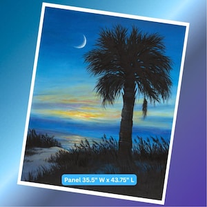 May include: A painting of a coastal scene at dusk. A silhouetted palm tree stands in front of a sunset with a crescent moon in the sky. The painting is on a panel that is 35.5 inches wide and 43.75 inches long.