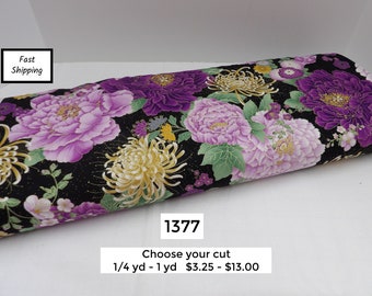 1377 Japanese Large Floral fabric by the yard; Timeless Treasures Fleur CM8810-Black with metallic gold accents, chrysanthemums, peonies