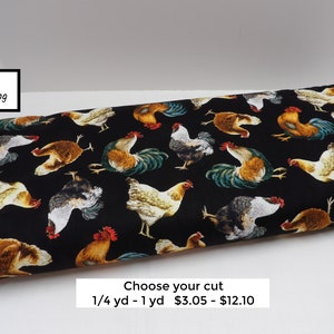 1279 Free range chickens fabric on black from Timeless Treasures. Colorful roosters fabric by the yard, fat quarters, small fabric cuts.