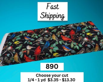 890 Vibrant Birds and Hollies 100% Cotton Fabric: Red Cardinal, Bluebirds, Goldfinch, Chickadee, Rose-breasted Grosbeak, More. Digital Print