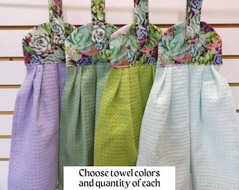 1602 Succulent plants hanging dish towels show assorted desert flowers. Choose color, quantity of towels for Southwest decor kitchen or bath
