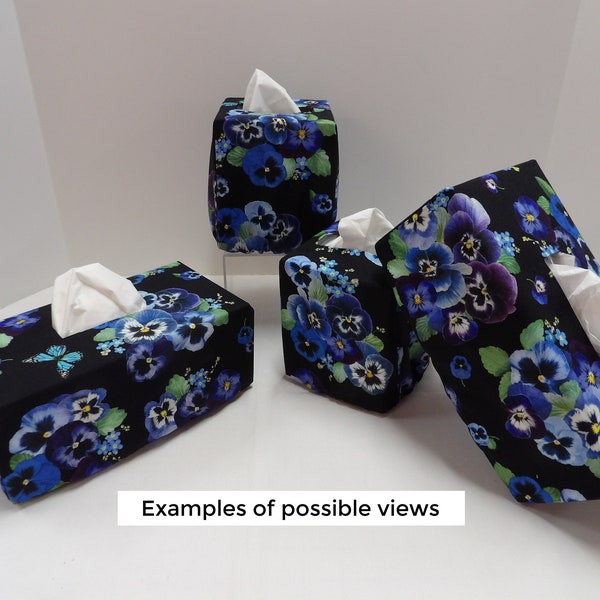 1538 Pansy bouquets tissue box covers; Square, rectangular fabric tissue box holders with pansies and butterflies.