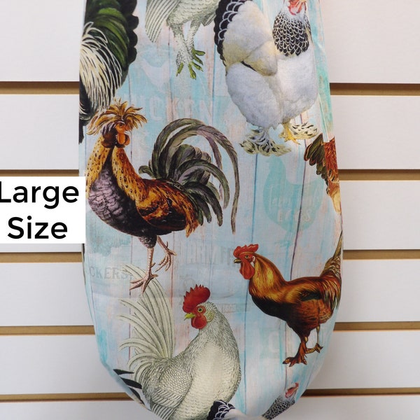 1508 Plastic bag holder with large chickens on blue; Large 28" L, 10-1/4" W, Farmhouse decor grocery bag holder, chicken lover gift