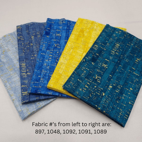 FQ-14 Uncorked metallic blenders fat quarter bundle. Five piece Windham Fabrics cotton fabric FQ bundle. Shades of blue, yellow, turquoise.