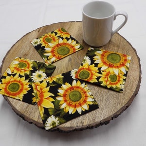 1295 Primitive Folk Art Sunflowers Set of Four Coasters: USA Handcrafted Thanksgiving Hostess Gift, Cloth Mug Mats, Furniture Protectors
