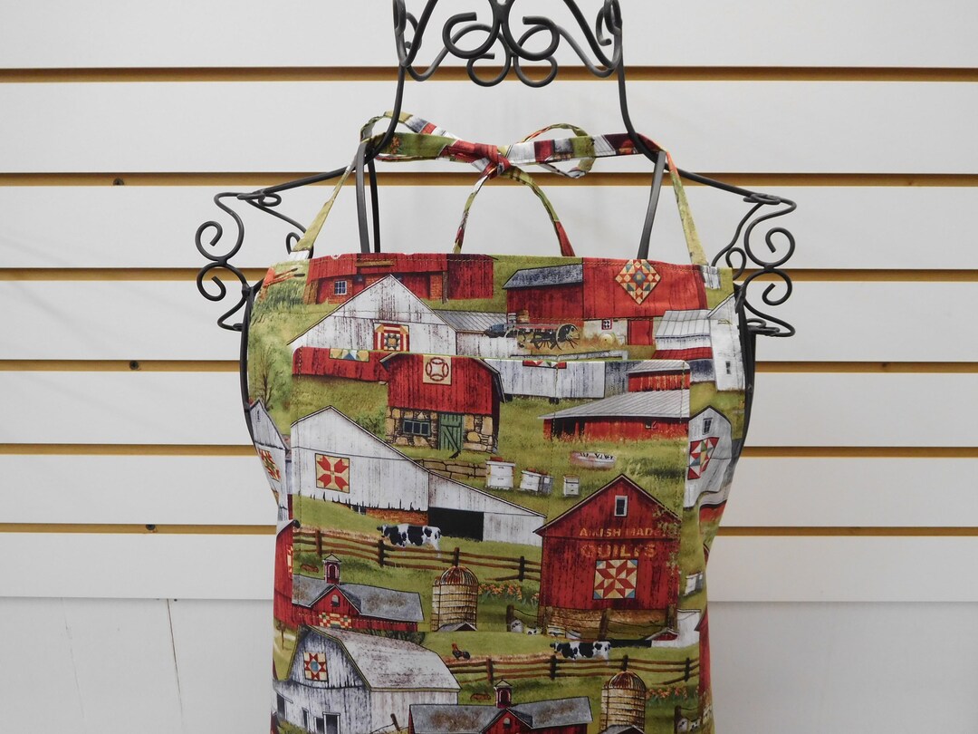 768 Amish Barn Scenes Kitchen Apron With Pockets Scenic Red White Barns