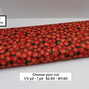 1306 Red Strawberry Fabric By the Yard; Strawberry Decor; Farmer John&#39;s Garden Party; Strawberry Kitchen; Kitchen Curtains; Fruit Fabric