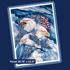 May include: A rectangular fabric panel measuring 35.75 inches by 43.5 inches featuring a patriotic illustration of three bald eagles with white heads and yellow beaks, set against a backdrop of blue clouds, stars, and a waving American flag.