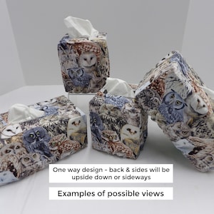 May include: Four tissue box covers with a pattern of owls in various colors and poses. The text "One way design - back & sides will be upside down or sideways" and "Examples of possible views" is printed below the tissue box covers.