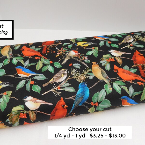 890 Colorful Birds and Hollies cotton fabric by the yard; David Textiles digitally printed fat quarters, yardage; cardinal, bluebird lovers