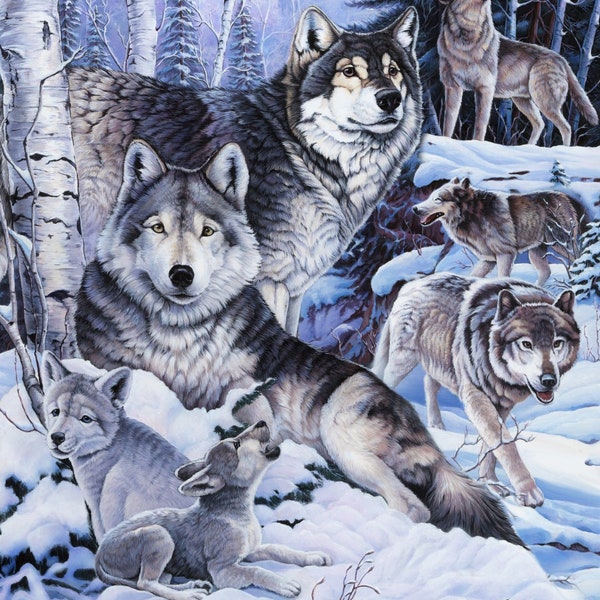 1339 Wolf Fabric Panel; David Textiles quilting fabric, digitally printed; wolves at night in forest; wolf lover gifts, man cave decor,