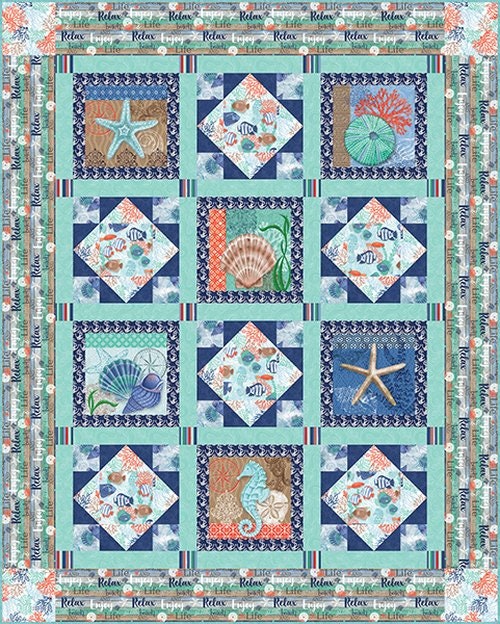 1069 Beach Fabric Panel With Sea Life Scenes Aqua Borders. Etsy New