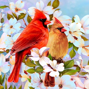 1225 Stunning Cardinal Pair 100% Cotton Fabric Panel - 43&quot; Long x34.25&quot; Wide. Large Red Birds in Dogwood Trees for Quilting and Decor.