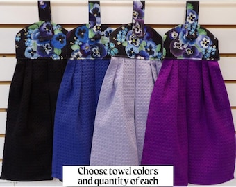 1538 Pansy lover hanging dish towels; Choose color, quantity from black, chambray, lilac, purple decorative towels with pansy bouquets.