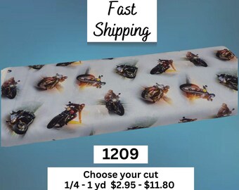 1209 Motorcycle Themed 100% Cotton Fabric by the Yard - Elizabeth's Studio Quilting and Crafting Material - Choose Your Cut
