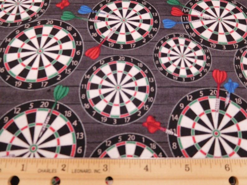 1224 Man Cave Darts on Black Fabric By the Yard; Fat Quarters to Full Yards