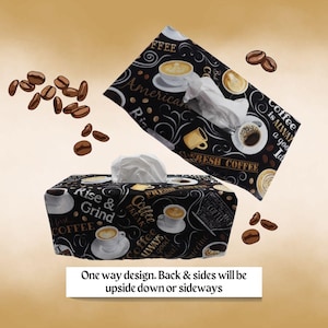 1351 Coffee Themed Tissue Box Cover: Rectangular Shaped - Cotton Fabric Holder with Coffee Cups and Mugs and Various Sayings