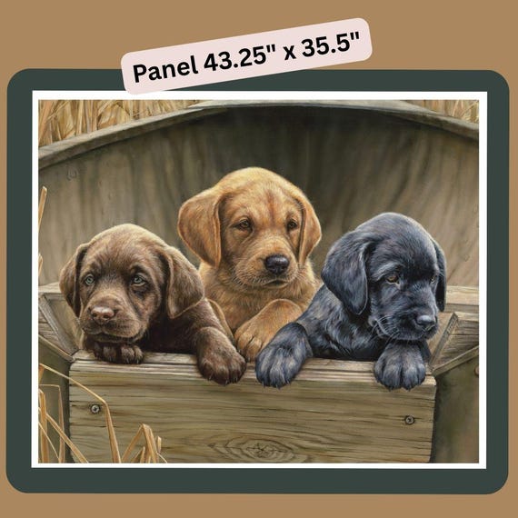 1593 Labrador Puppies in Wheat Field 100% Cotton Fabric Panel, 43.25"Wide x 35.5"High, David Textiles, for Dog Lover quilts, Wall hangings