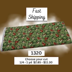 May include: A rectangular piece of fabric featuring a repeating pattern of small birds and red berries nestled within green pine branches. The selvage edge includes the text Henry Glass & Co. Inc. Pattern # 9551 www.henryglassfabrics.net.