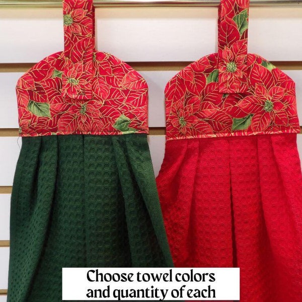1469 Red poinsettias Christmas hanging dish towels; Choose color, quantity.  Decorative kitchen towels, bathroom towels in Dark Green, Red.