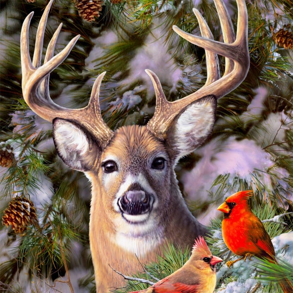 1367 Trophy Buck cotton fabric panel, David Textiles, 35.25"W x 43.75L, whitetail deer, red cardinals, snowy pine trees, deer lovers decor