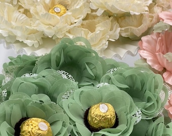Handmade Satin Flower Wedding Favors: Sage Green, Blush, Off White