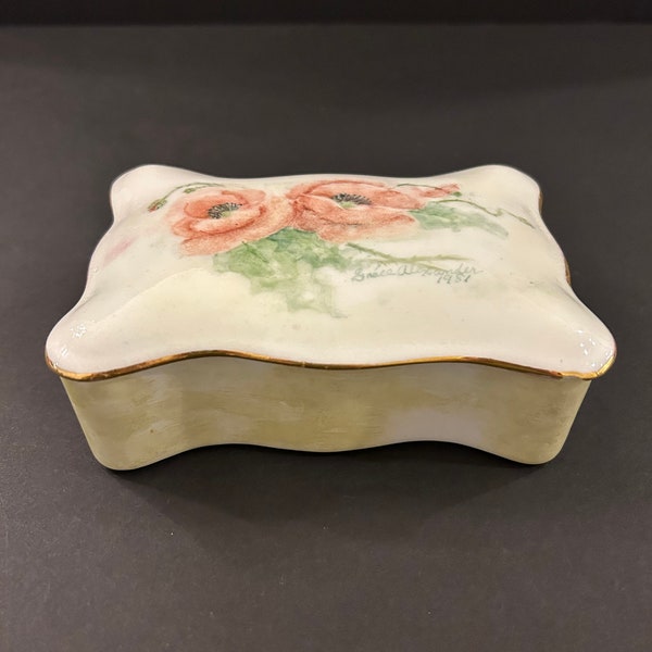 Pretty Vintage Porcelain Hand Painted Pink Dogwoods Covered Trinket Box Signed