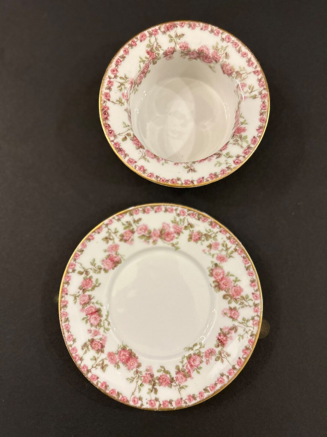 GDA France Limoges Porcelain Ramekin and Saucer W/ Pink Flowers and