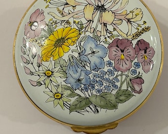 Crummles & Co Enamel Trinket Pill Box - Pink Base Hinged Lid w. Florals