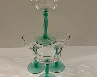 Tiffin Green Vaseline Stem Julep Wine Depression Glasses 1930's