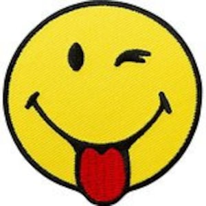 Strykbart smileyansikte© blinkande, med ett blinkande öga, tunga, lekfull, mono snabb lapp för strykning, lapp/lapp för jacka, väska, ryggsäck