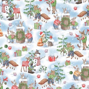 Peut inclure: Motif d'hiver fantaisiste avec des animaux de la forêt, tels que des écureuils, des cerfs et des lapins, vêtus de tenues de fête. Des bonhommes de neige, des cadeaux emballés et des ornements sont dispersés sur un paysage enneigé.